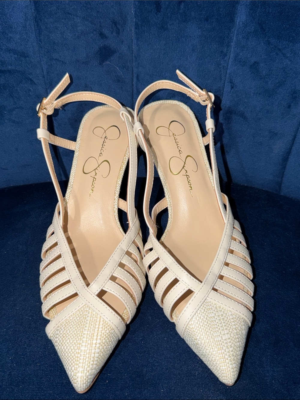 Jessica Simpson Cream Pointed Slingback Heels with Woven Toe - Picture 2 of 6